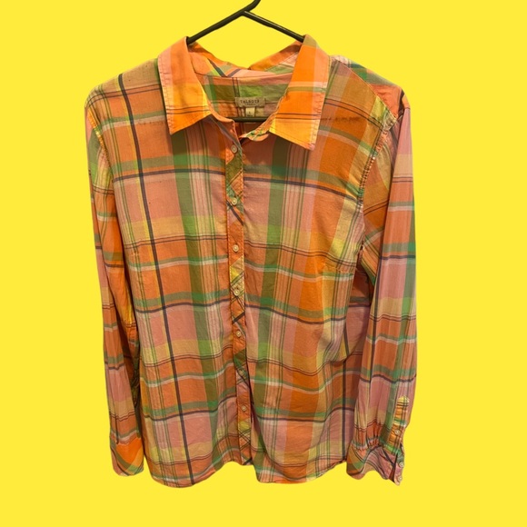 Talbots Womens Peach Pink Cotton Madras Plaid Button Up Shirt Blouse Large - Picture 2 of 7
